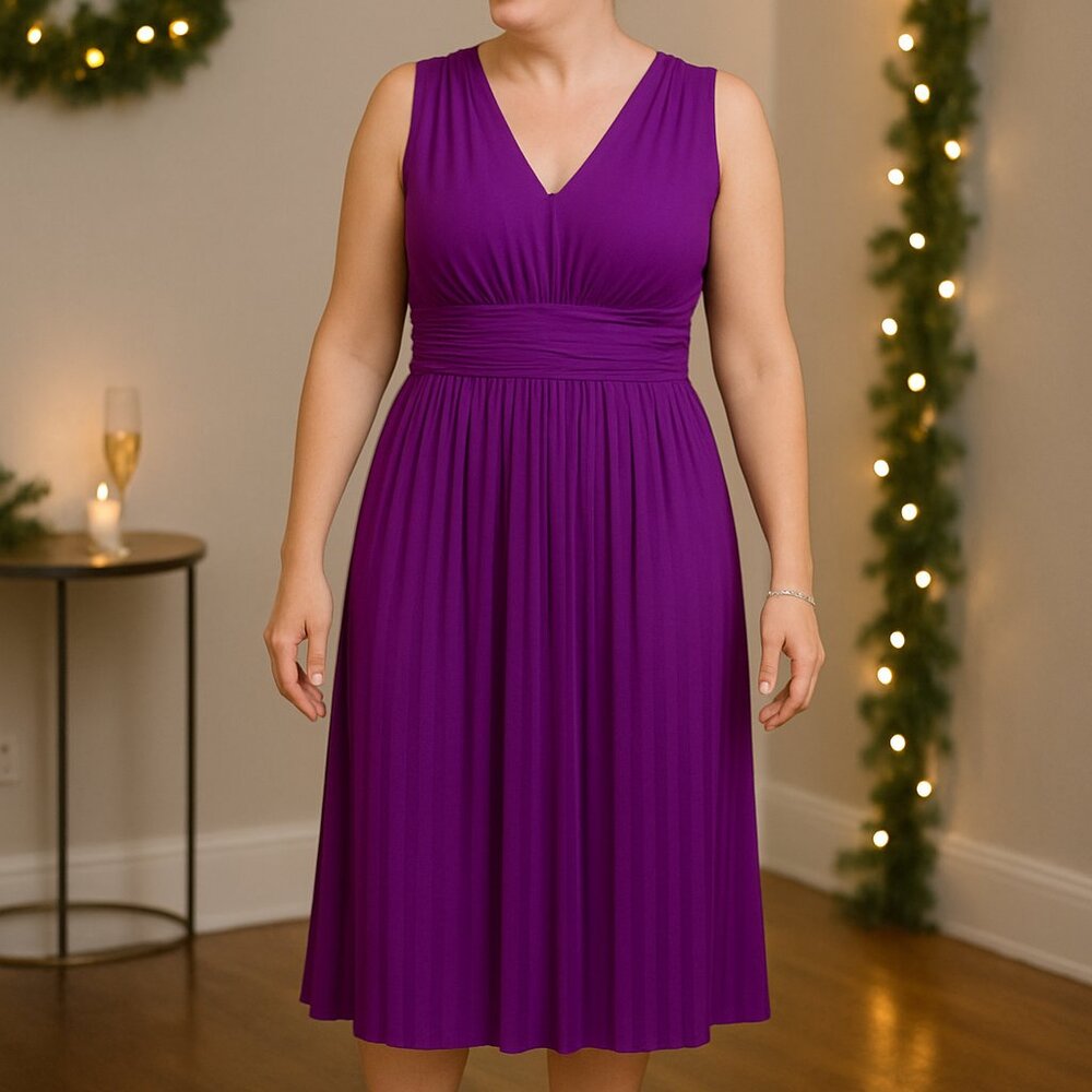Purple Pleated Midi Dress for the holidays - Size 6